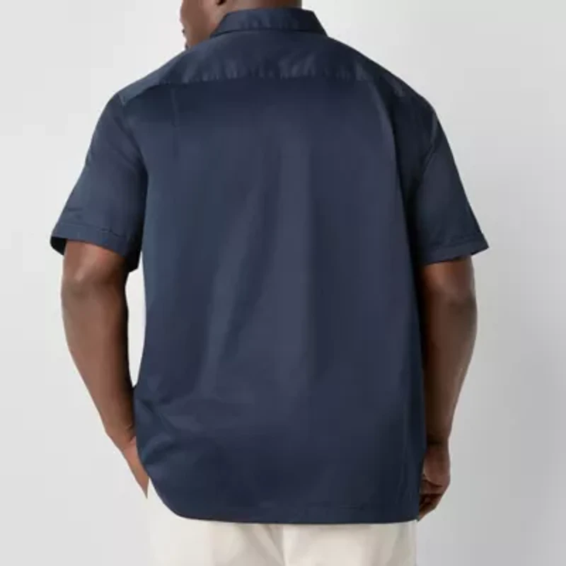 Shaquille O'Neal XLG Satin Utility Mens Short Sleeve Regular Fit Big and Tall Button-Down Shirt