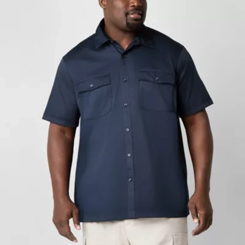 Shaquille O'Neal XLG Satin Utility Mens Short Sleeve Regular Fit Big and Tall Button-Down Shirt