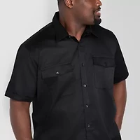 Shaquille O'Neal XLG Satin Utility Mens Short Sleeve Regular Fit Big and Tall Button-Down Shirt