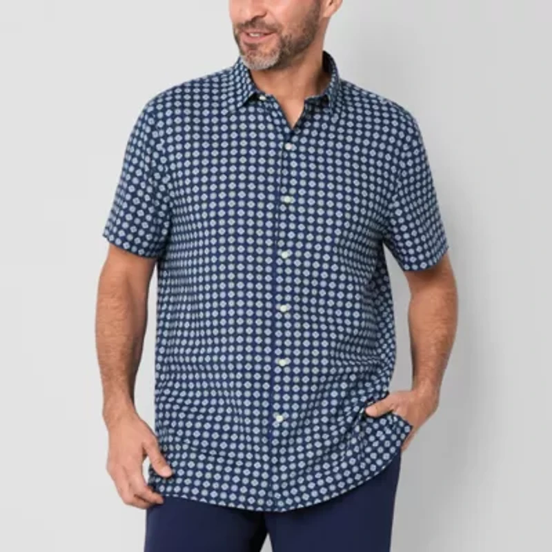 Stafford Linen Blend Mens Short Sleeve Regular Fit Button-Down Shirt