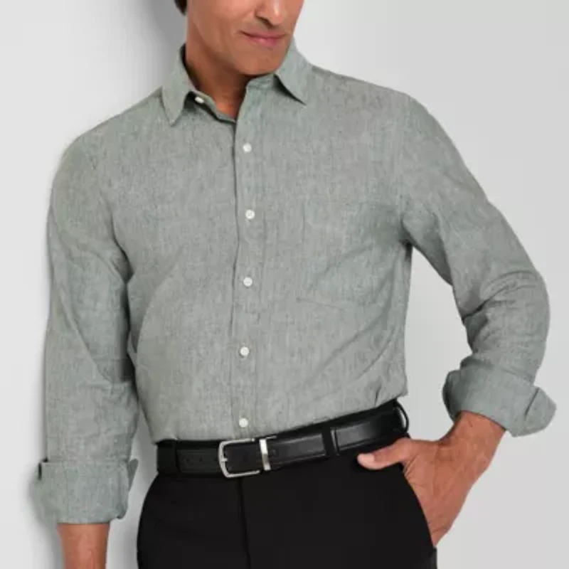 Stafford Linen Blend Mens Long Sleeve Regular Fit Button-Down Shirt