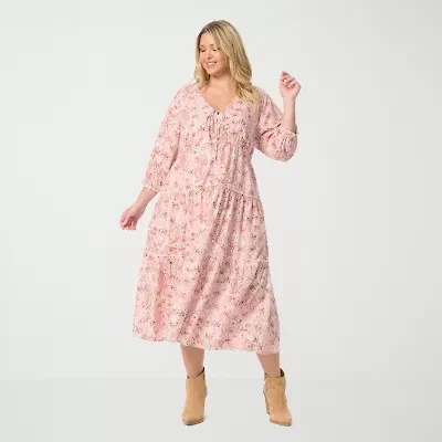 JS Jessica Simpson Womens Plus Long Sleeve Paisley A-Line Dress