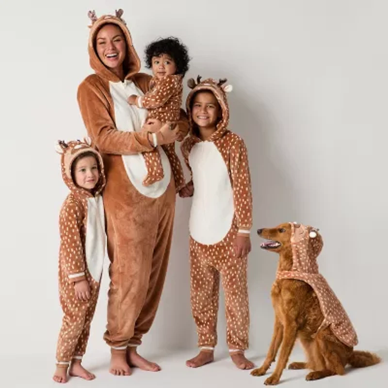 North Pole Trading Co. Reindeer Little & Big Kid Unisex Plush Hooded Long Sleeve Matching Family One Piece Pajama