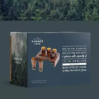 Hammer + Axe Beer Top Shot Glass Set, 6 Bottle Neck Glasses With Wood Display Stand