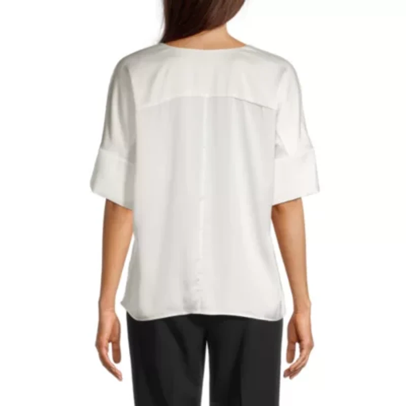 Worthington Womens Split Crew Neck Short Sleeve Blouse