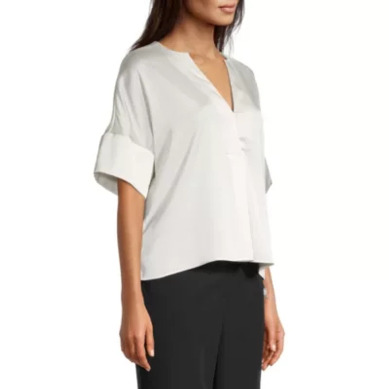 Worthington Womens Split Crew Neck Short Sleeve Blouse