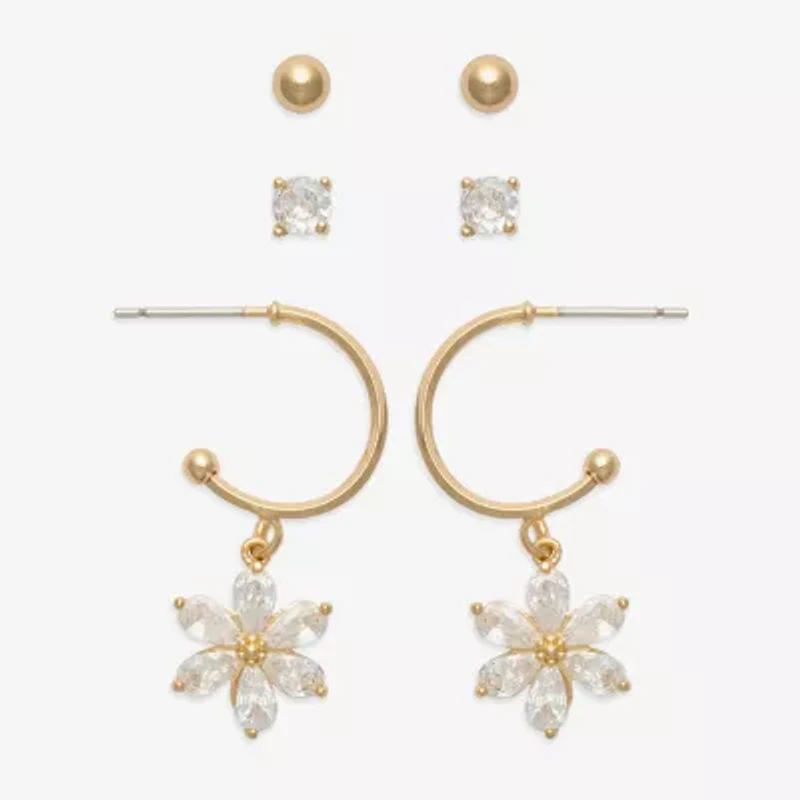 Mixit Womens Cubic Zirconia Flower 3 Pair Earring Set