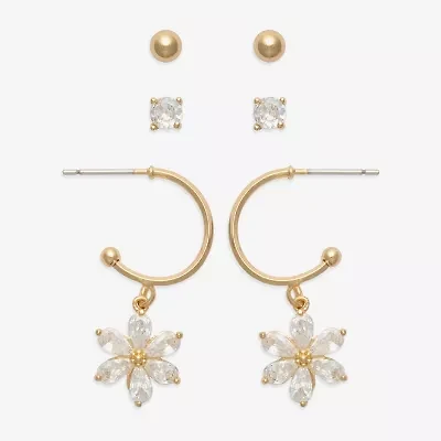 Mixit Womens Cubic Zirconia Flower 3 Pair Earring Set