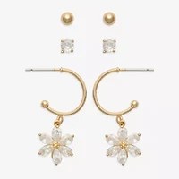 Mixit Womens Cubic Zirconia Flower 3 Pair Earring Set