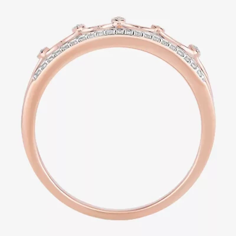 Enchanted Disney Fine Jewelry Womens 1/10 CT. T.W. Natural White Diamond 14K Rose Gold Over Silver Sterling Crown Princess Cocktail Ring