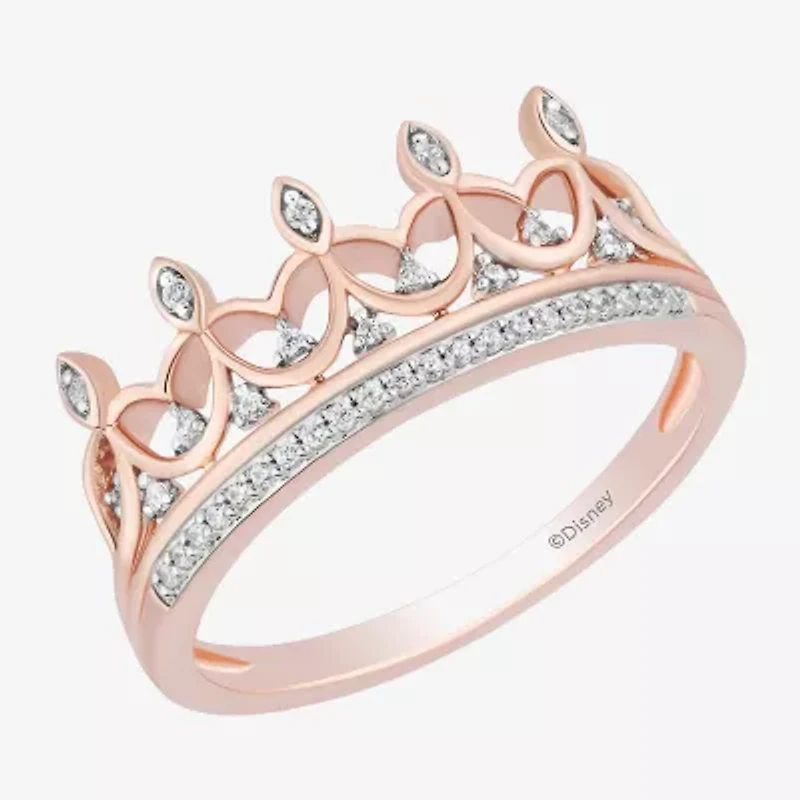 Enchanted Disney Fine Jewelry Womens 1/10 CT. T.W. Natural White Diamond 14K Rose Gold Over Silver Sterling Crown Princess Cocktail Ring