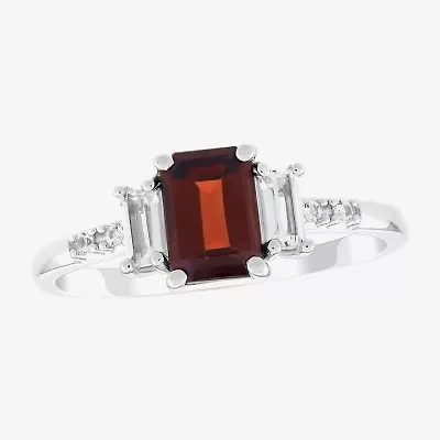 Womens Genuine Red Garnet Sterling Silver Side Stone Cocktail Ring