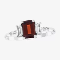 Womens Genuine Red Garnet Sterling Silver Side Stone Cocktail Ring