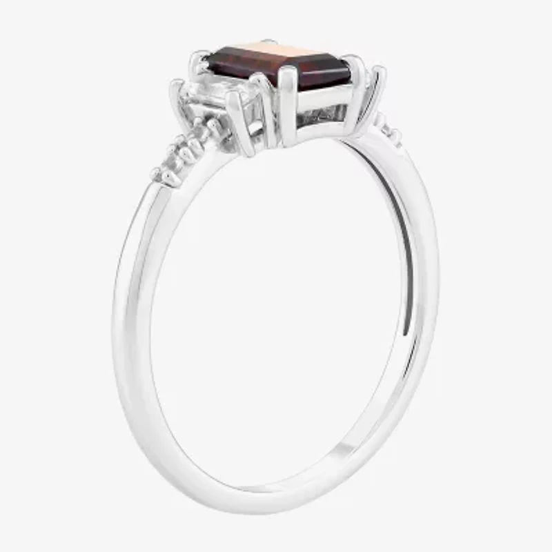 Womens Genuine Red Garnet Sterling Silver Side Stone Cocktail Ring