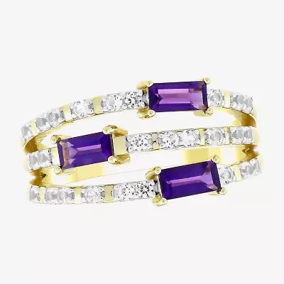 Womens Genuine Purple Amethyst 14K Gold Over Silver Side Stone Cocktail Ring