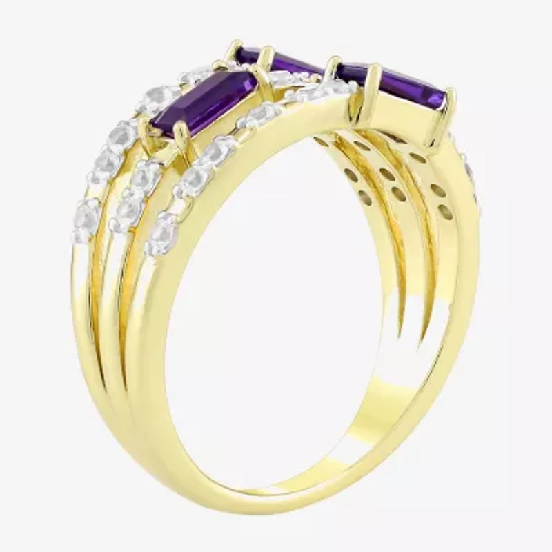 Womens Genuine Purple Amethyst 14K Gold Over Silver Side Stone Cocktail Ring