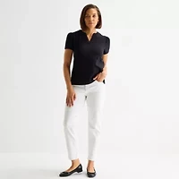 Liz Claiborne Womens Split Crew Neck Short Sleeve Blouse