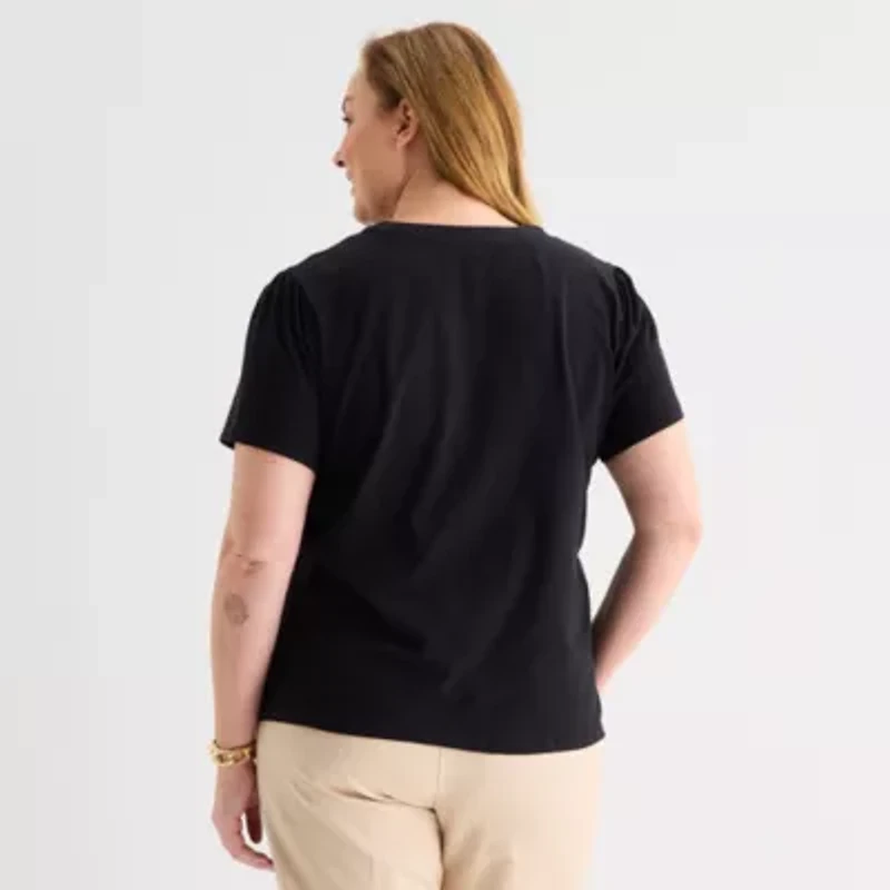 Liz Claiborne Womens Plus Split Crew Neck Short Sleeve Blouse