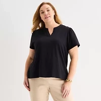 Liz Claiborne Womens Plus Split Crew Neck Short Sleeve Blouse
