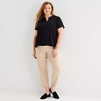 Liz Claiborne Womens Plus Split Crew Neck Short Sleeve Blouse