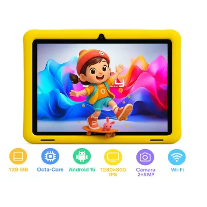 LINSAY® 10.1 Octa Core 128Gb Android 15 Tablet Kids Yellow Led