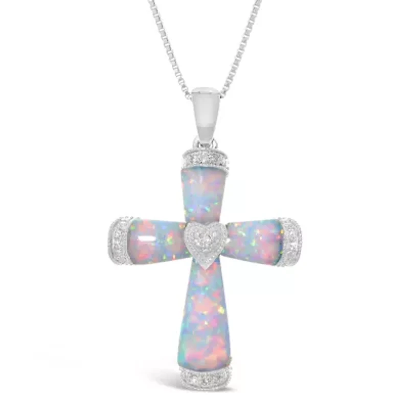 Womens Diamond Accent Lab Created White Opal Sterling Silver Cross 18 Inch Pendant Necklace