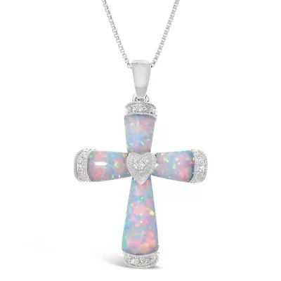 Womens Diamond Accent Lab Created White Opal Sterling Silver Cross 18 Inch Pendant Necklace