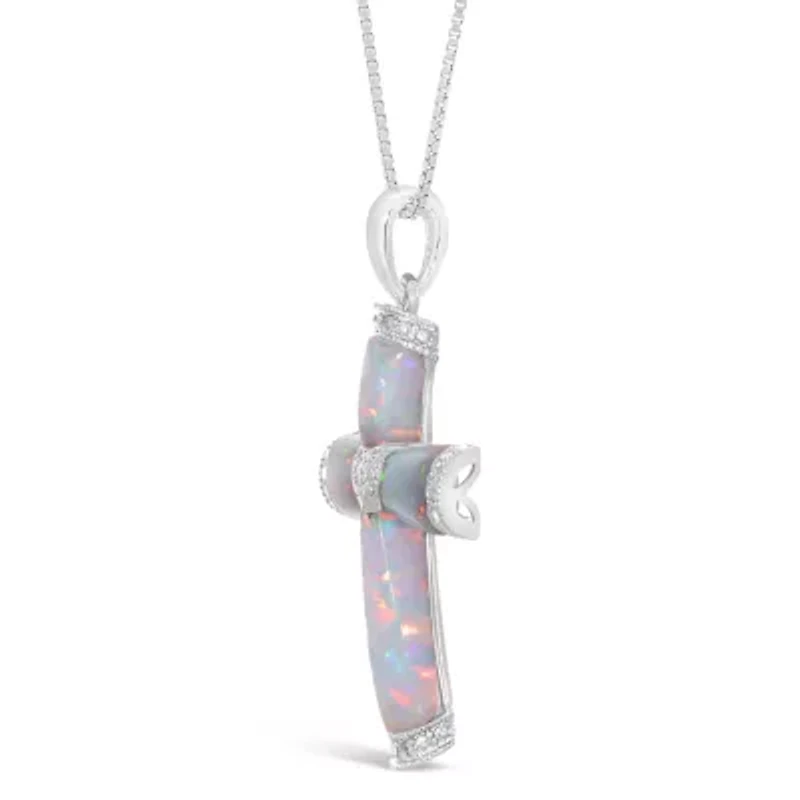 Womens Diamond Accent Lab Created White Opal Sterling Silver Cross 18 Inch Pendant Necklace
