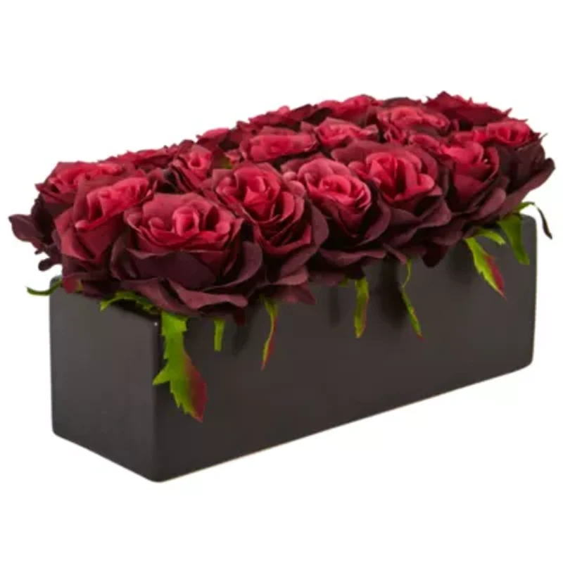 Dozen Silk Roses Ceramic Rectangular Planter