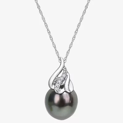 Womens Diamond Accent Black Cultured Tahitian Pearl 14K White Gold 17 Inch Pendant Necklace