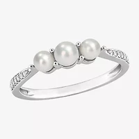 Womens Diamond Accent 4MM White Cultured Freshwater Pearl 14K Gold Cocktail Ring