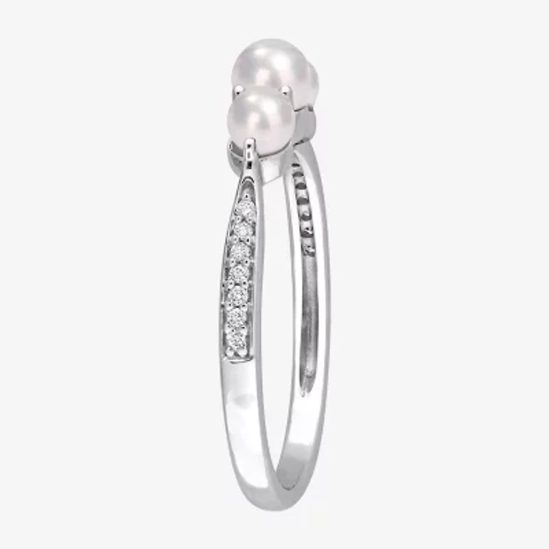 Womens Diamond Accent 4MM White Cultured Freshwater Pearl 14K Gold Cocktail Ring
