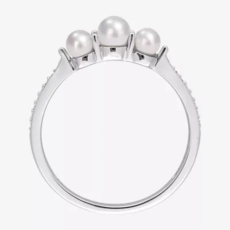 Womens Diamond Accent 4MM White Cultured Freshwater Pearl 14K Gold Cocktail Ring