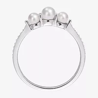 Womens Diamond Accent 4MM White Cultured Freshwater Pearl 14K Gold Cocktail Ring