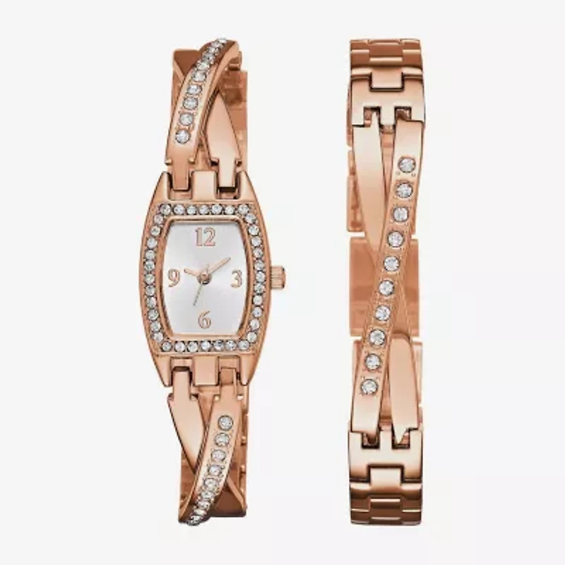 Geneva Womens Rose Gold-Tone Bangle Watch Boxed Set