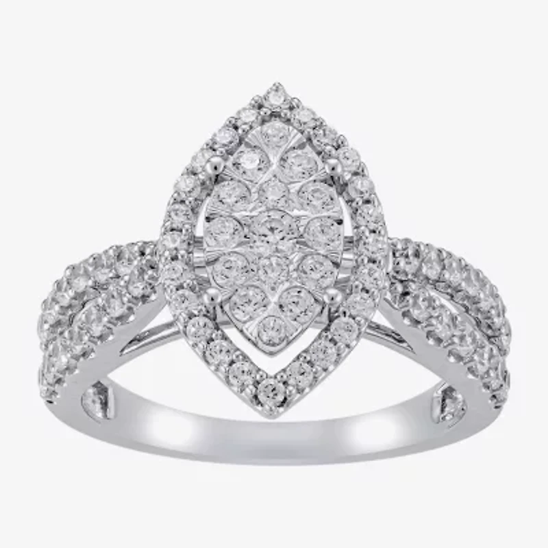 Diamond Blossom (H-I / I1) Womens 1 CT. T.W. Lab Grown White 10K Gold Marquise Halo Cocktail Ring