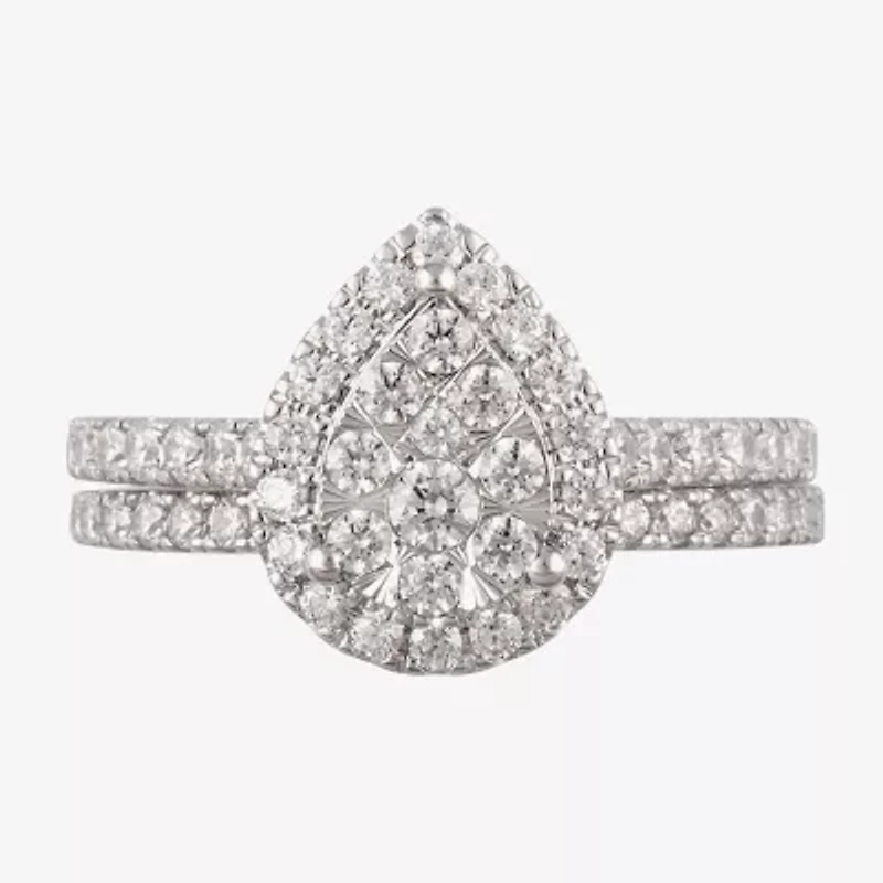 Signature By Modern Bride Womens 1 CT. T.W. Natural White Diamond 10K White Gold Pear Side Stone Halo Bridal Set