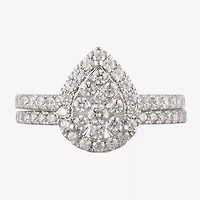 Signature By Modern Bride Womens 1 CT. T.W. Natural White Diamond 10K White Gold Pear Side Stone Halo Bridal Set