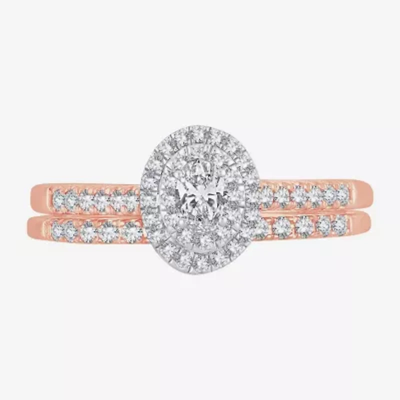 Womens 1/2 CT.T.W. Natural Diamond 10K or 14K Rose Gold Oval Halo Bridal Set