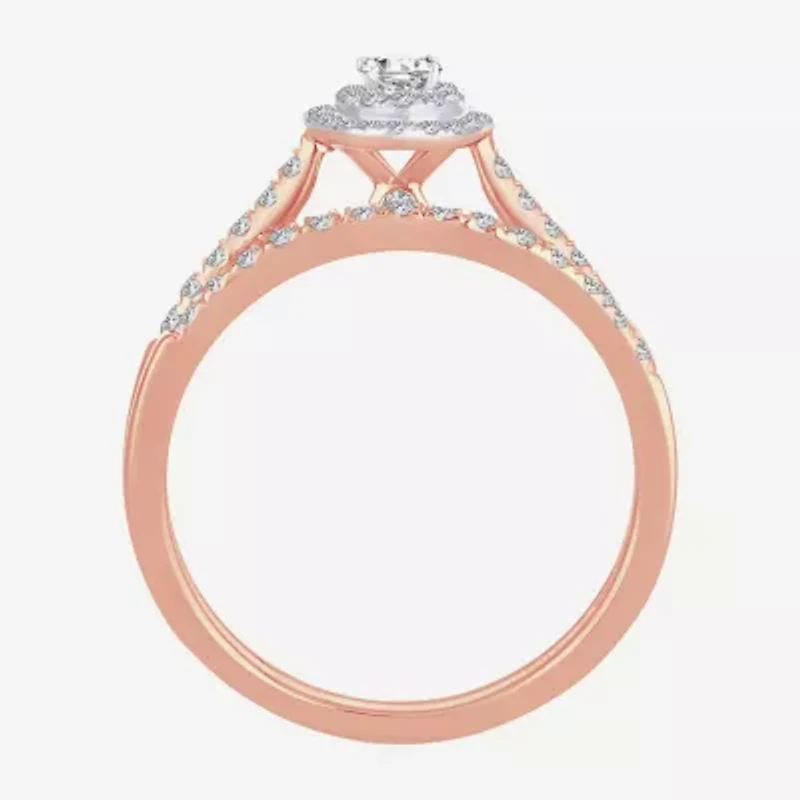 Womens 1/2 CT.T.W. Natural Diamond 10K or 14K Rose Gold Oval Halo Bridal Set