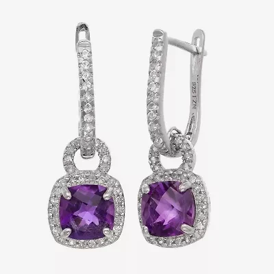 Womens Genuine Purple Amethyst Sterling Silver Drop Earrings