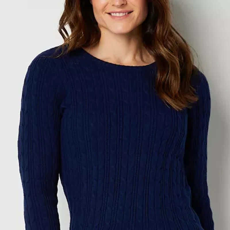 St. John's Bay Womens Crew Neck Long Sleeve Cable Knit Pullover Sweater