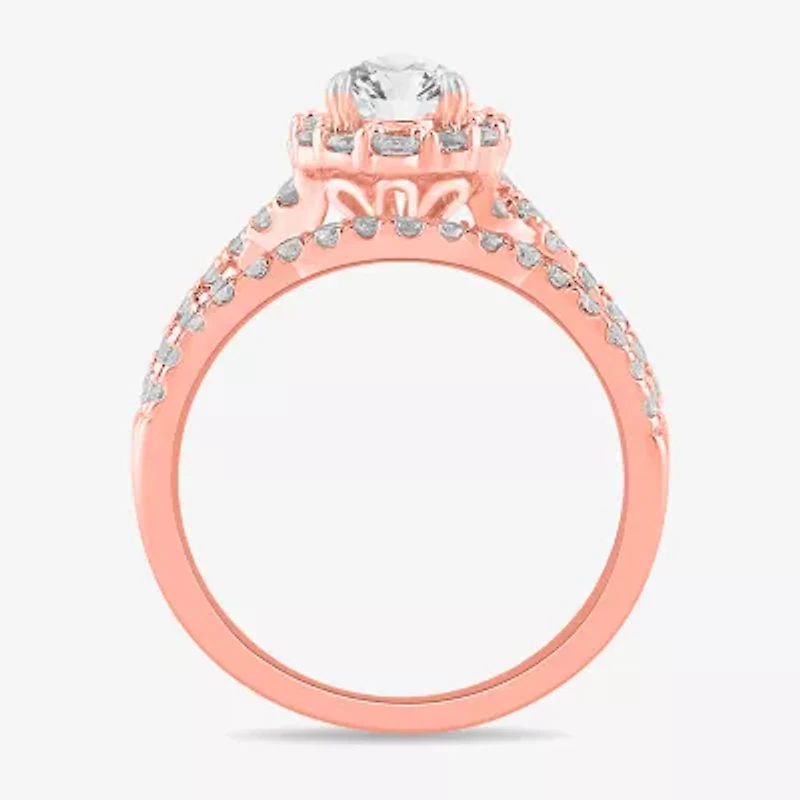 Signature By Modern Bride (G-H / Si1-Si2) Womens 1 1/3 CT. T.W. Lab Grown White Diamond 10K Gold Pear Side Stone Halo Bridal Set