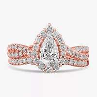 Signature By Modern Bride (G-H / Si1-Si2) Womens 1 1/3 CT. T.W. Lab Grown White Diamond 10K Gold Pear Side Stone Halo Bridal Set