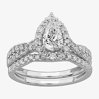 Signature By Modern Bride (G-H / Si1-Si2) Womens 1 1/3 CT. T.W. Lab Grown White Diamond 10K Gold Pear Side Stone Halo Bridal Set