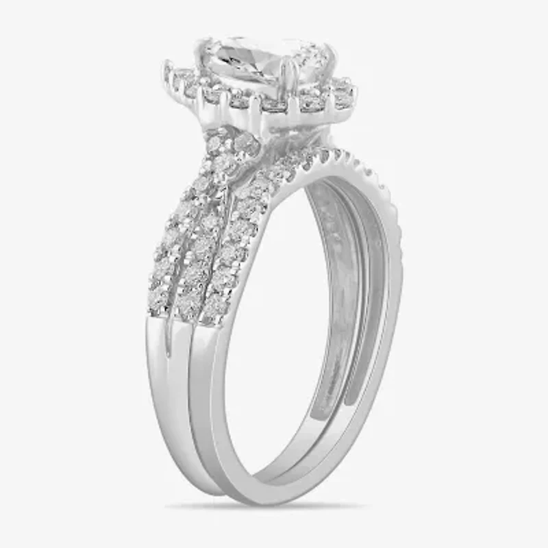 Signature By Modern Bride (G-H / Si1-Si2) Womens 1 1/3 CT. T.W. Lab Grown White Diamond 10K Gold Pear Side Stone Halo Bridal Set
