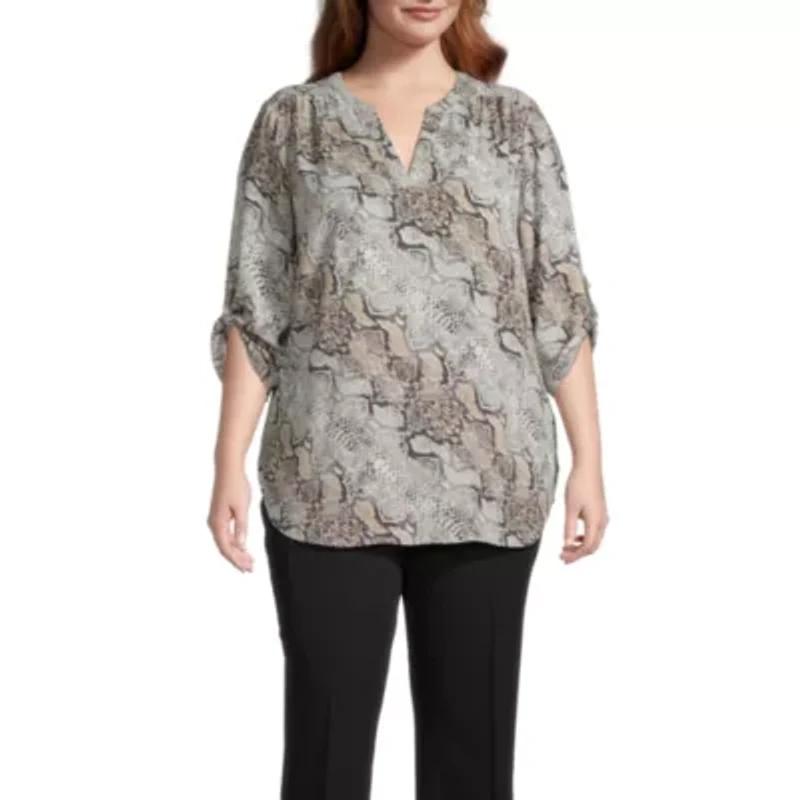 Worthington Womens V Neck 3/4 Sleeve Plus Blouse
