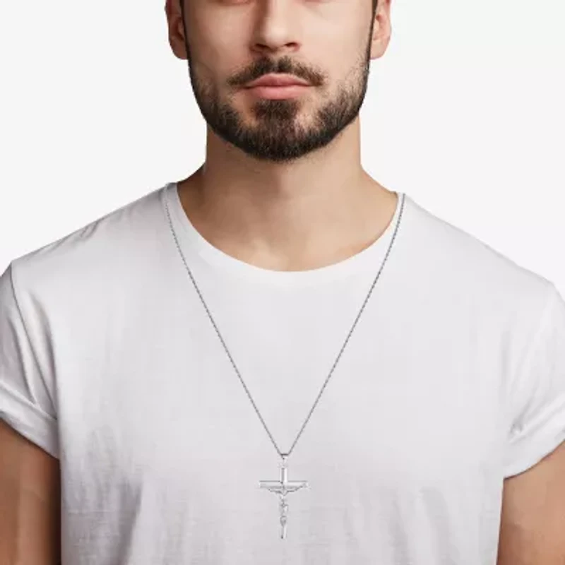 Crucifix Mens Sterling Silver Cross 24 Inch Pendant Necklace