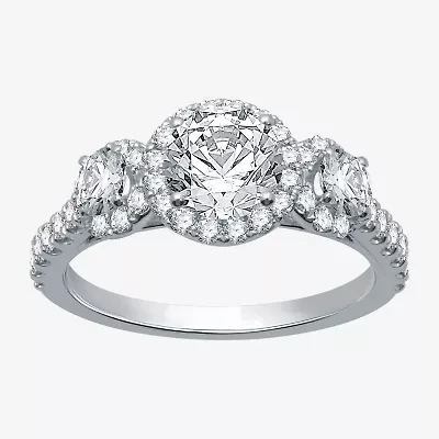 (H-I / I1) Womens 2 CT. T.W. Lab Grown White Diamond 10K Gold 3-Stone Halo Engagement Ring