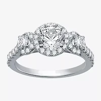(H-I / I1) Womens 2 CT. T.W. Lab Grown White Diamond 10K Gold 3-Stone Halo Engagement Ring